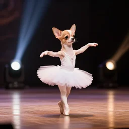 photograph of a dainty elegant chihuahua ballerina, dancing on a wooden stage, cinematic lighting, stage lights,