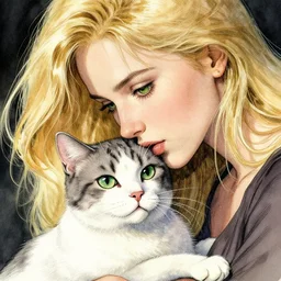 blonde woman with green eyes kisses a grey white cat with green eyes, watercolor, dramatic lighting, cinematic, establishing shot, extremly high detail, foto realistic, cinematic lighting, pen and ink, intricate line drawings, by Yoshitaka Amano, Ruan Jia, Kentaro Miura, Artgerm, post processed, concept art, artstation, matte painting, style by eddie mendoza, raphael lacoste, alex ross