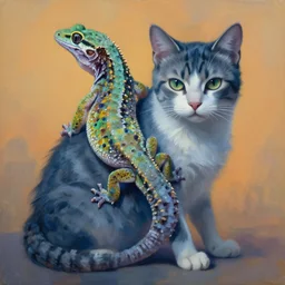 painting of hybrid gecko and ( ( cat ) ) fused together, intercrossed animal, by zdzislaw beksinski, by lewis jones, by mattias adolfsson, cold hue's, warm tone gradient background, concept art, digital painting