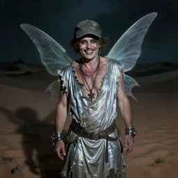 portrait of mischievous, dangerous old Johnny Depp, smiling as a queen of fairies, dressed in a worn out silver dress, wearing a baseball cap. The background is a dark, creepy Middle eastern desert. night, horroristic shadows, high contrasts, lumnious, foggy effect, photorealistic, dreamlike, mist filters, theatrical, oil canvas art by Henry Meynell Rheam and Cesare Saccaggi