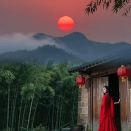 deep in the mountains, a round of red sun has just emerged from the top of the mountains, there are mists lingering at the top of the mountains, deep in the bamboo forest, there is a traditional chinese house with red lanterns, a woman at the door, wearing a red flowing dress, long hair, the corners of the mouth up, eyes clear and dark, by edlin tyler