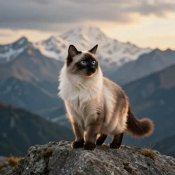 a long hair siamese cat standing on the peak of a mountain range, looking far, digital art, epic lighting, epic composition, 4 k