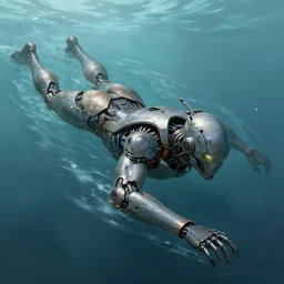 mech suit swimming in the water, diffuse lighting, fantasy, highly detailed, photorealistic, digital painting, artstation, illustration, concept art, smooth, sharp focus, in the style of tom bagshaw
