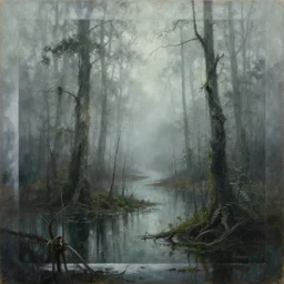 oil painting of a dangerous swamp, foggy, horror art, landscape