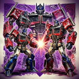 decepticon and autobots battle tribal tattoo, transformers, skywrap, soundwave, star scream, blitzwing, sunstreaker, sideswipe, intricate, cybertron, cyber punk, lazer blast, sharp, high detailed, high contrast, 1 st winner, trending, polkadot!!! grunge!!! purple!! black!! red!!