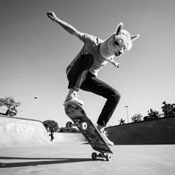 alpaca doing kickflip on a skateboard, bw street photography, by thrasher