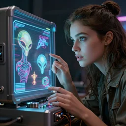 beauty young woman admiring a small hologram with alien artifacts, mechanical holographic case display, 80s Aliens tech, ultrarealistic, dramatic lighting, electrical details, high details, 4k, 8k, best, accurate, trending on artstation, artstation, photorealism, ultrarealistic, digital painting, style of Wayne barlowe and Boris Vallejo and Peter Mohrbacher