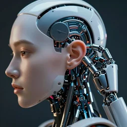 cinematic picture of a robot measuring a human ear, cyberpunk style