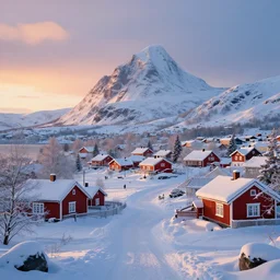 nordic village, winter, snow, sunset lighting, hyperrealism, futurism 4 k, octane render