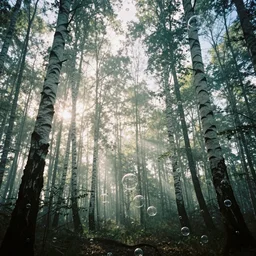 birch tree forest underwater, by trent parke, lots of huge bubbles, overexposed, film grain