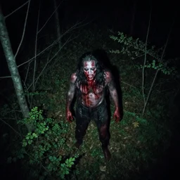 bloody wendigo in forest at night, night vision, shot from drone, grainy