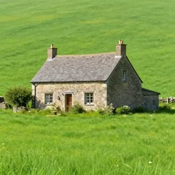 beautiful digital art of a stone house in a green field