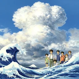 highly detailed illustration of an ocean with big waves and lots of high exposure cummulonimbus clouds by makoto shinkai, by oliver vernon, by joseph moncada, by damon soule, by manabu ikeda, by kyle hotz, by dan mumford, by otomo, 4 k resolution