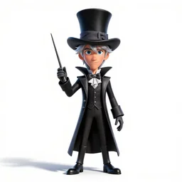 silver-haired magician with top hat and wand, stylized pixar-style 3d render, full body, standing, isolated on a pure white background, centered, whole figure in frame, sharp focus, studio lighting
