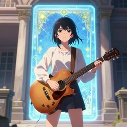 a girl with a guitar standing in front of a building, a hologram by jin homura, pixiv contest winner, magic realism, official art, tarot card, anime aesthetic