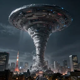 cinematic scifi render of a 3 d sculpt of a thick gigantic huge tornado shaped cyberpunk john harris aircraft carrier megalithic tower structure tokyo at night, beeple, halo, star wars, ilm, star citizen, halo, mass effect, high tech industrial, artstation unreal, dramatic powerful sky
