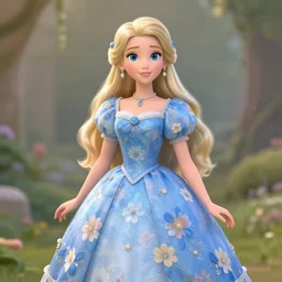 anna the flower princess, wearing a blue flower patterned dress, trending on artstation, long shot!!, photograph.