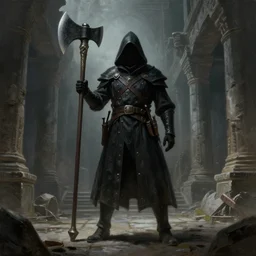 a hyperdetailed painting of a dark executioner wielding a huge axe standing in the middle of an ancient ruined temple, dark soul concept, by beksinski, ruan jia, trending in artstation