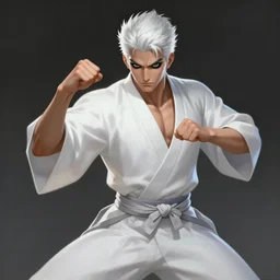 a highly detailed illustration of fierce short white haired attractive young japanese man wearing white hakama, black sclera! eyes, dramatic fighting stance pose, muscular, intricate, elegant, highly detailed, centered, digital painting, artstation, concept art, smooth, sharp focus, league of legends concept art, wlop