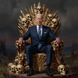 Joe Biden sitting on a throne of skulls, digital painting