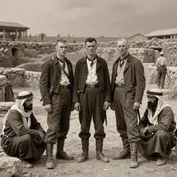 a detailed photorealistic sepia - toned photo from 1 9 1 7, three clean - shaven british soldiers standing with two bedouin traders, at an archaeological dig site, ultra realistic, painted, intricate details, lovecraft, atmospheric, dark, horror, brooding, highly detailed, by clyde caldwell