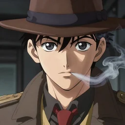 portrait Anime 1940s Detective smoking, cyberpunk, high detail of the face, high detail, high modernization, artgerm, realistic shaded lighting ultra mega super hyper realistic