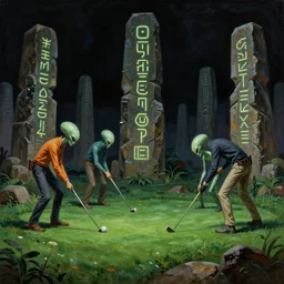 aliens playing golf, surrounded by ancient monoliths with glowing runes. highly detailed science fiction painting by norman rockwell, frank frazetta, and syd mead. rich colors, high contrast, gloomy atmosphere, dark background. trending on artstation