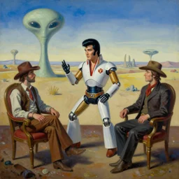 Elvis, the robot from the jetsons and two cowboys sitting in various chairs discussing ancient alien, theme western meets sci-fi, oil paint on canvas, surreal dali
