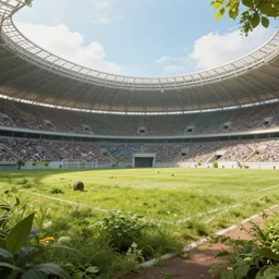 a farm inside of a stadium, hyperrealistc, solarpunk, utopian socialism, detailed, 4K, cinematic