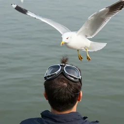 seagull wearing pilot goggles imagining a target on someone's head to poop on, birds eye view