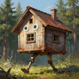 a walking mech wood house with two mechanical legs and two big eye on a wall and a roof, rust, hyperrealistic, highly detailed, cinematic, single ray of sun, morning, pareidolia, dynamic composition, anime style, beautiful, pine trees in the background, cgssociety, artstation, 8 k, oil painting, digital art