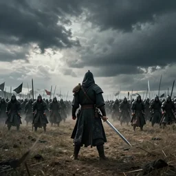 epic wide shot of a warrior standing with his sword drawn before the approaching enemy army, dark clouds