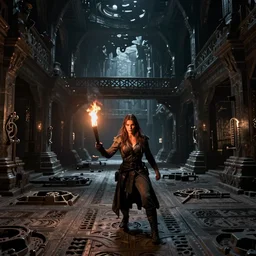 kate beckinsale as dnd thief hold torch and sneaking through the dungeon full of death traps, carved floor, ceiling hides in the dark, full darkness, fantasy digital art realistic, very huge hall, perspective view, bridge over chasm