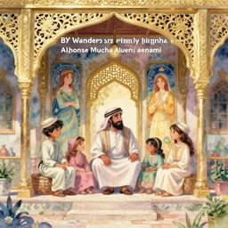 bedouin father and his family sitting in a arabic style house, highly detailed, gold filigree, romantic storybook fantasy, soft cinematic lighting, award, disney concept art watercolor illustration by mandy jurgens and alphonse mucha and alena aenami, pastel color palette, featured on artstation