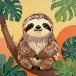 a cute sloth, tropical, warm colors, very beautiful bauhaus style painting, award winning