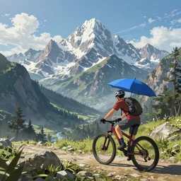 An epic fantasy anime style landscape painting of a Mountainrange, with a Mountainbiker and a blue umbrella, unreal 5, DAZ, hyperrealistic, octane render, dynamic lighting