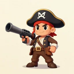 little man with a pirate hat holds a bazooka, game character design sheet