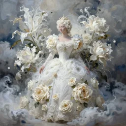 painting of a a queen with a white large magnificent more and more vaporous ,wrapped ,hight decorated, detailed ,white and cream  roses cotton dress shooting surrounded by a bouquet of abstract white flowers and clouds, dramatic light, artstation octane,surrealism 8k