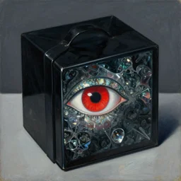 the omnious black box with the scarlet eye, painting by max ernst, glassy reflections, nacre texture