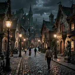 street view of lovecraftian town square surrounded by houses in lovecraftian city at night by cyril rolando and naomi okubo and dan mumford and ricardo bofill. lovecraft. cobbled streets. oil lamp posts. lovecraftian statues.