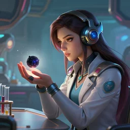 league of legends concept art beautiful young female scientist examining small black hole in her hand, long hair, hi tech gear, futuristic laboratory background interior, table with test tubes, art by charles liu, close - up profile shot, fantasy style, soft lighting, vibrant color scheme, female portrait, ultra detailed, volumetric lighting, octane render, commission art, 8 k wallpaper