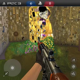 first - person shooter, 3 dcg, ps 3, gameplay screenshot, by henry darger, louis wain, gustav klimt