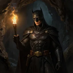 dark knight in dark cave caring a torch, highly detailed, digital painting, trending on artstation