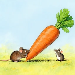 mouse pulling a large carrot, by beatrix potter