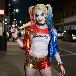 Beth Phoenix as Harley Quinn on the street in Gotham City at night, holding a baseball bat