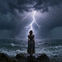 concept art, facing the back of a woman standing alone in the middle of a sea storm, wearing a dress, thunderstom, lightning, rain, medieval, dark concept art, painting by wlop, nixeu and greg rutkowski, beautiful, semirealism, artstation, octane render, sharpness, 8 k, golden ratio