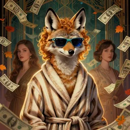portrait, anthropomorphic jackal, striped bathrobe, curly hair, electric sunglasses, surrounded by floating autumn dollar bills, fantasy, detailed, intricate, luminescent, elegant, coherent, by mandy jurgens, hannah yata and kay sage, donato giancola, detailed, artstation, cinematic lighting, artdeco, art deco outrun aesthetic