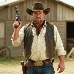 film still of the main character brawny burly surly cowboy standing holding a pistol in the outdoor scene in an action movie posing for the camera 2 0 2 0, 4 k wild west
