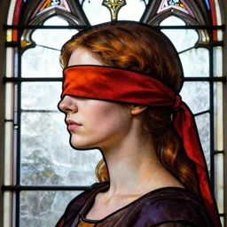 beautiful detailed side - view portrait of philippa eilhart, a blindfolded woman, no eyes, red and orange blindfold, pigtails, gothic stained glass window, masterful