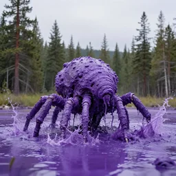 speculative evolution of aiology creatures / animals coverd on purple sludge, realistic 4 k photo it is a weird colosal insec like creature in a purple lake that is next to some pine trees in the north of aiology, the crature is tall and it is splashing purple water cinematically in slow motion